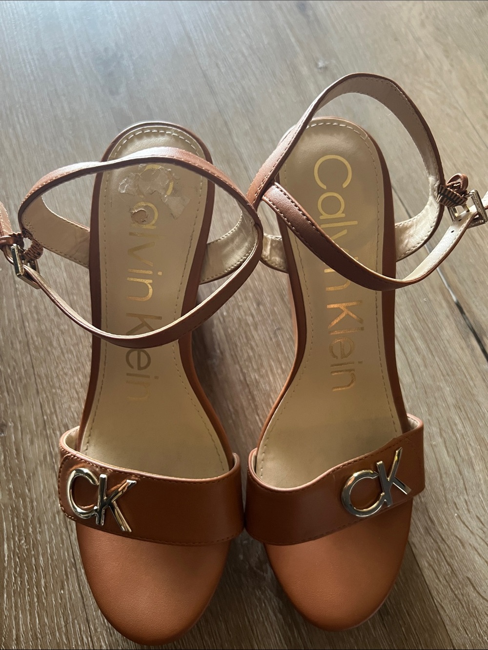 Calvin Klein Brown Open-Toe Ankle-Strap Heels with CK Logo